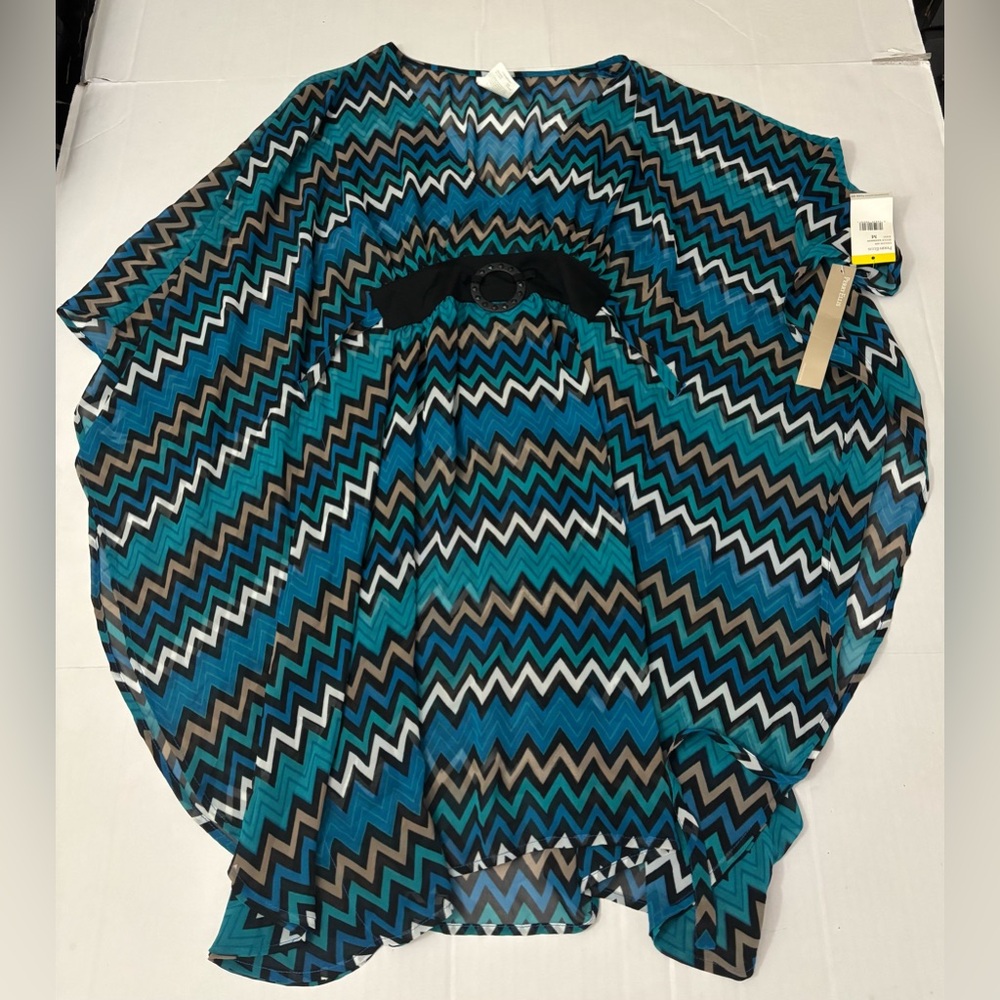 Perry Ellis Teal Chevron Tunic with Black Waist Accent size M